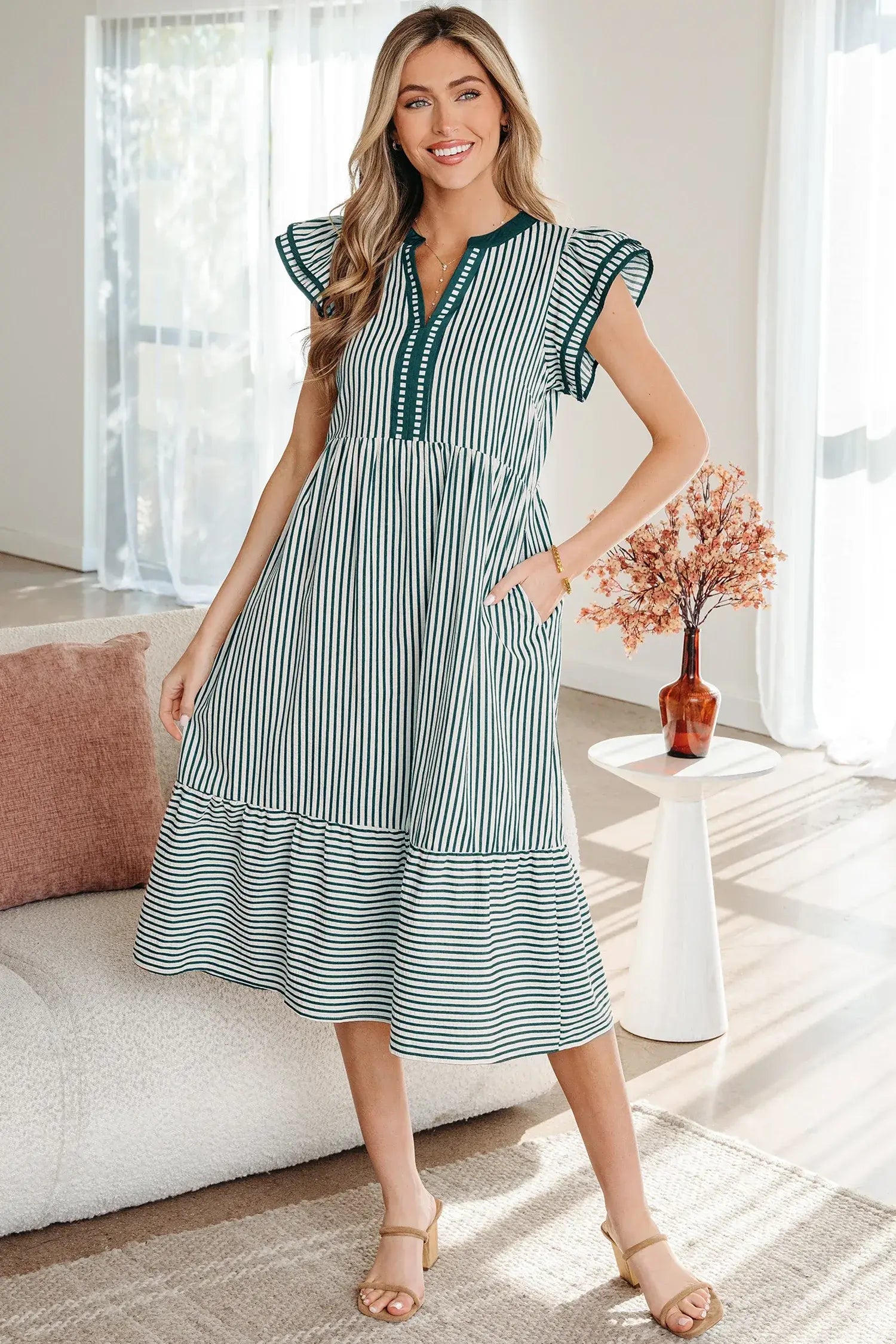 Green Stripe Double Ruffled Short Sleeve Contrast Trim V Neck Midi Dress - Sweet Fashion Wholesale