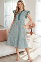 Green Stripe Double Ruffled Short Sleeve Contrast Trim V Neck Midi Dress - Sweet Fashion Wholesale