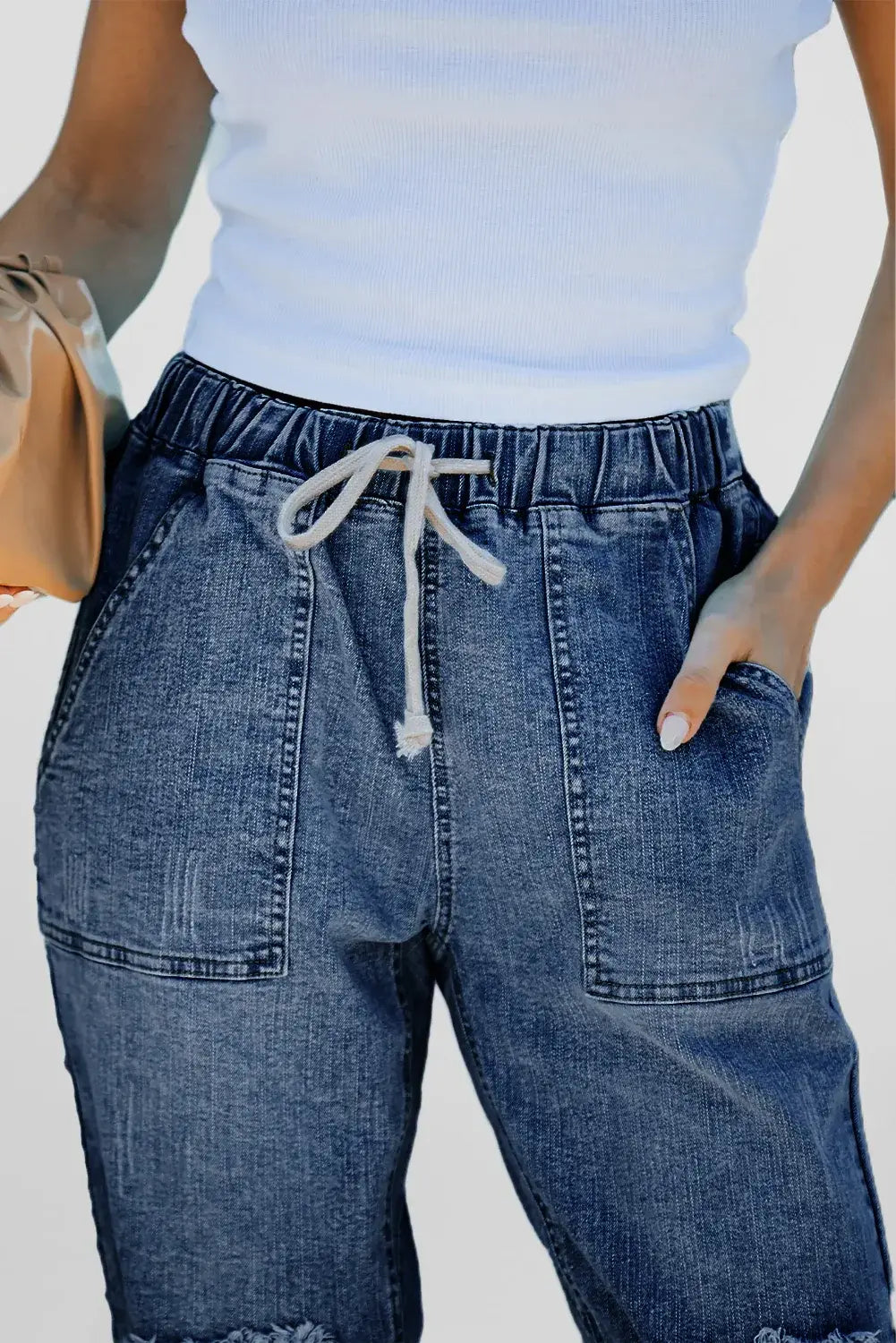 Dark Blue Gather Round Distressed Pocketed Denim Jogger - Sweet Fashion Wholesale