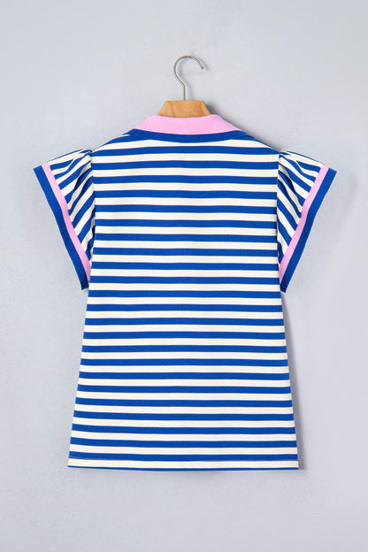Rose Stripe Contrast Trim Polo Collar Ruffled Short Sleeve Blouse