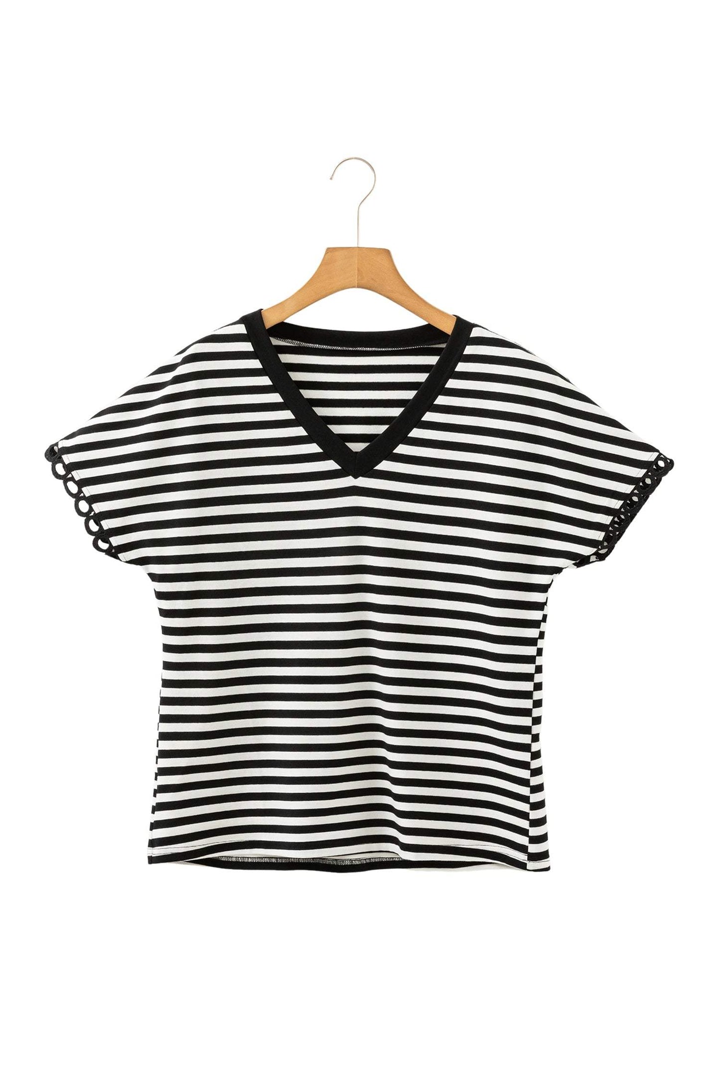 Black Striped Print V Neck Delicate Trim Casual Tee