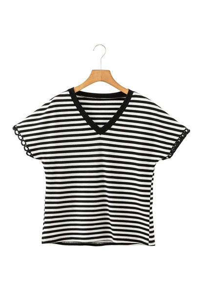 Black Striped Print V Neck Delicate Trim Casual Tee