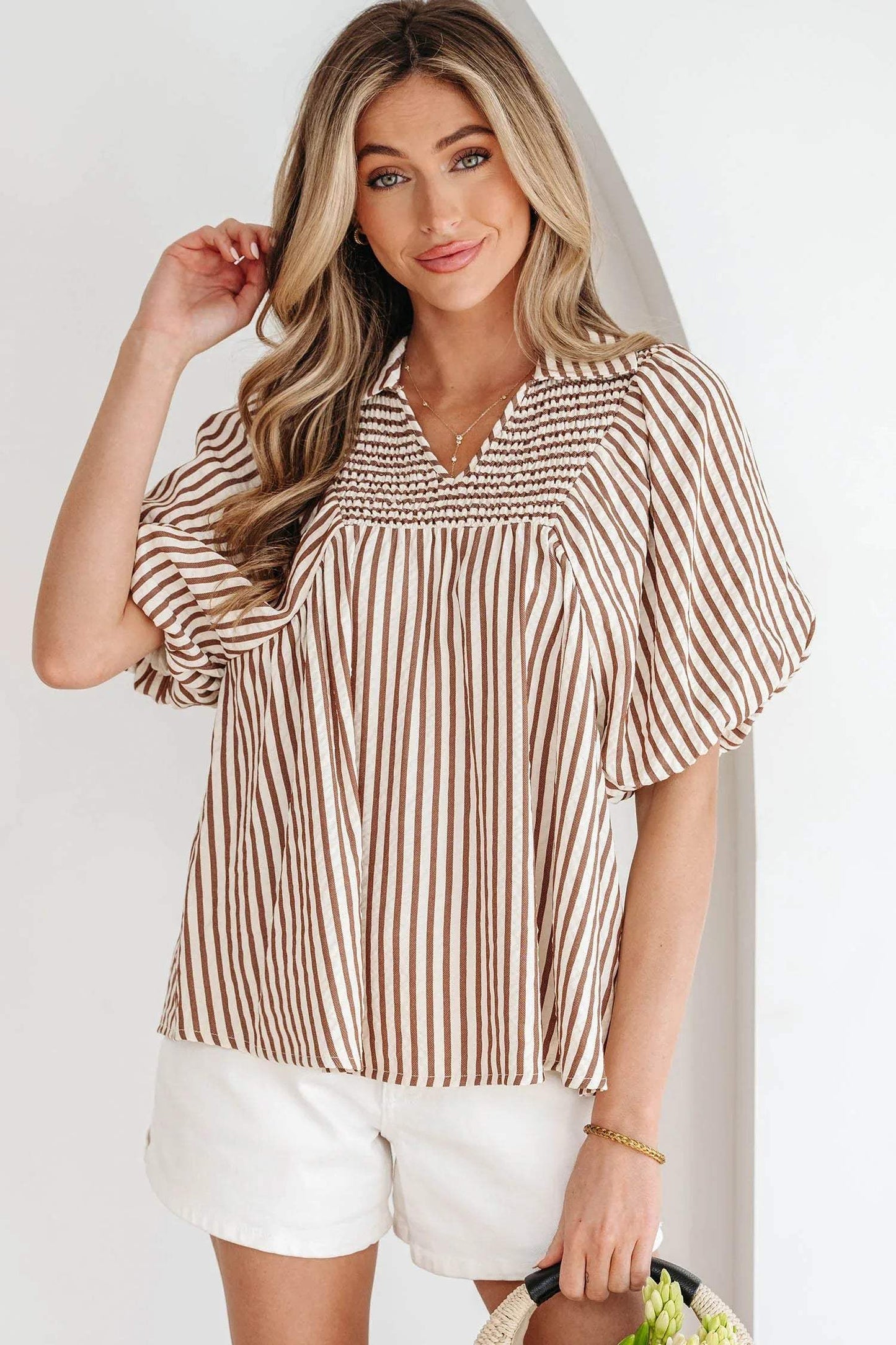 Brown Stripe Shirred V Neck Short Puff Sleeve Blouse - Sweet Fashion Wholesale