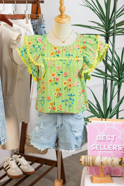 Green Stripe Floral Printed Scalloped Detail Ruffle Short Sleeve Blouse - Sweet Fashion Wholesale