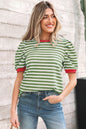 Rose Stripe Short Puff Sleeve Contrast Trim Round Neck Tee - Sweet Fashion Wholesale