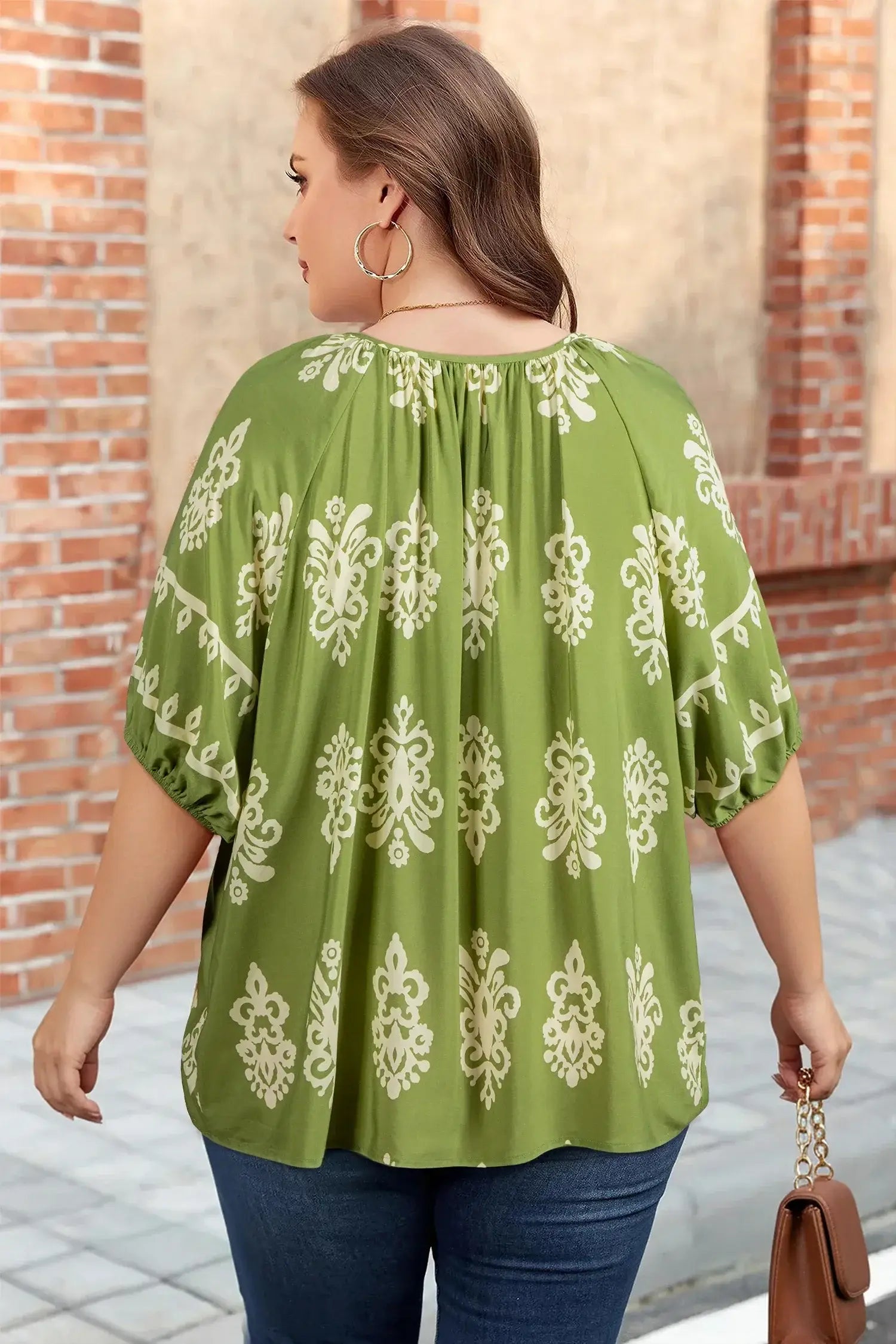 Green Boho Chic Notched V Neck Plus Floral Short Sleeve Top - Sweet Fashion Wholesale