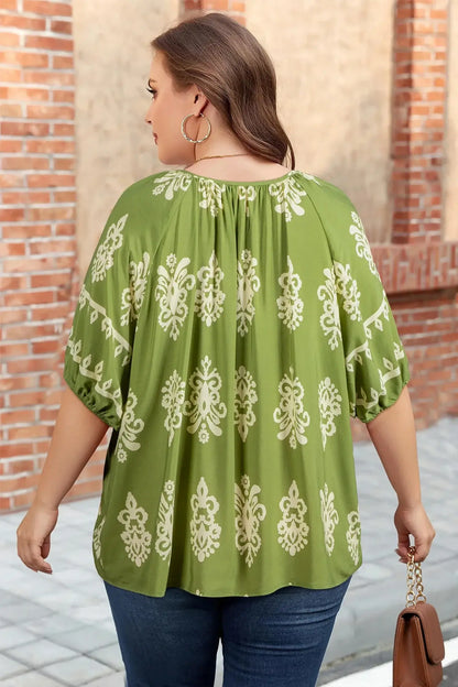 Green Boho Chic Notched V Neck Plus Floral Short Sleeve Top - Sweet Fashion Wholesale