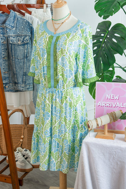 Sky Blue Floral Print High Waist Ruffle Short Sleeve Mini Dress