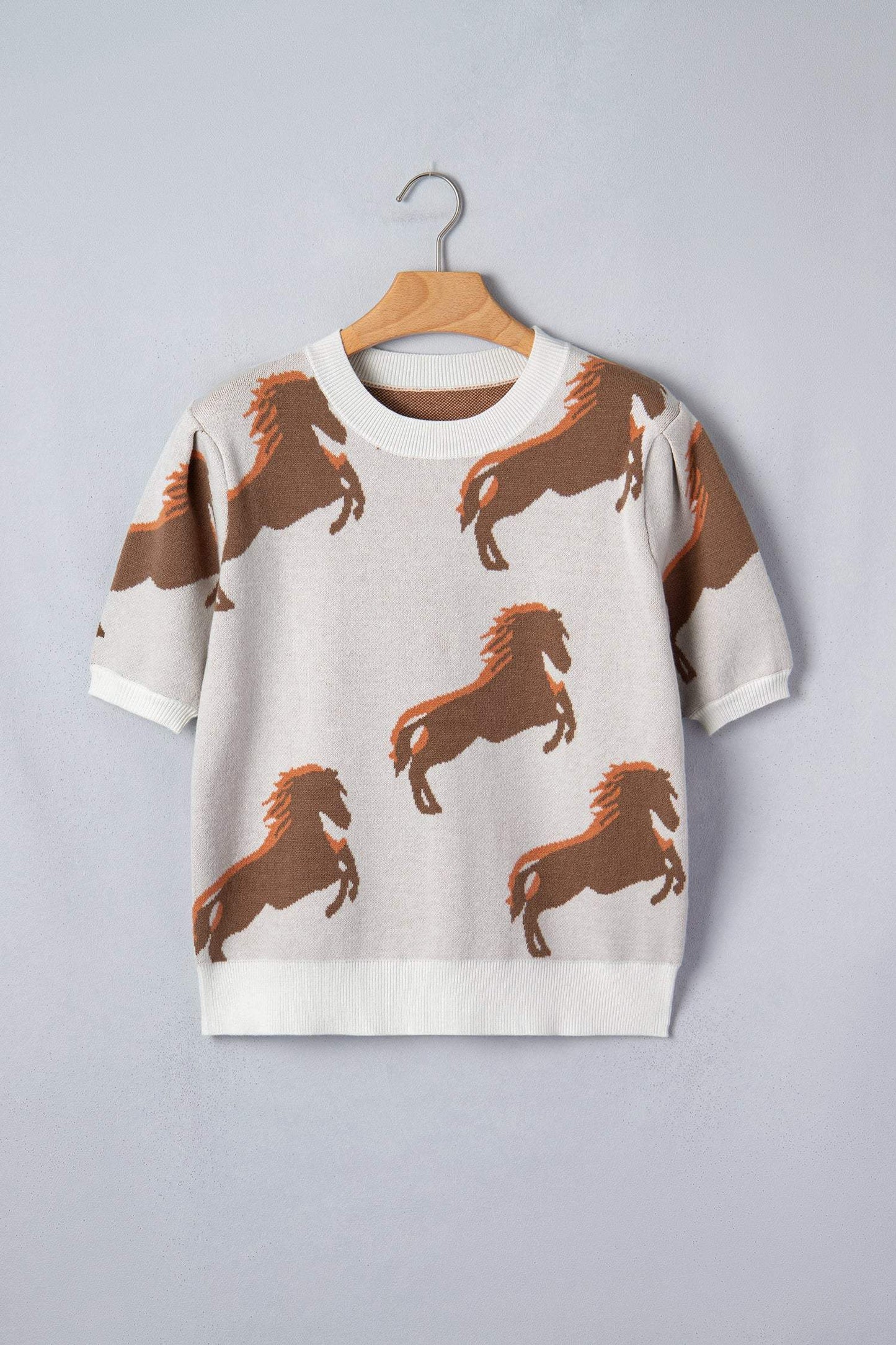 White Western Horse Printed Short Puff Sleeve Sweater