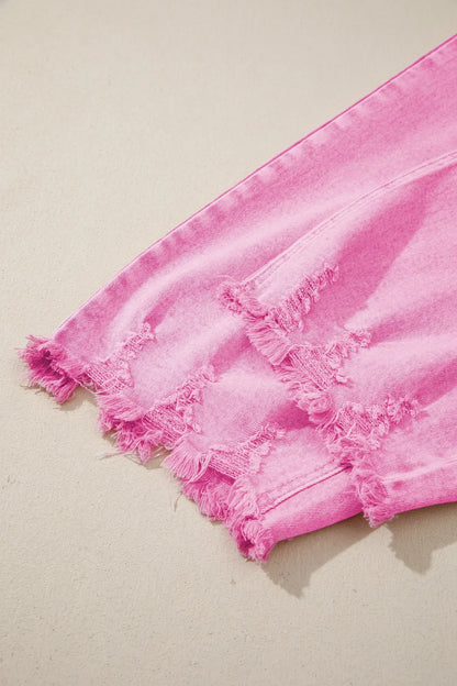 Pink Acid Wash High Waist Uneven Raw Hem Shift Jeans - Sweet Fashion Wholesale