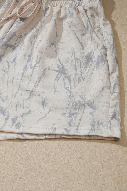 Khaki Abstract Print V Neck Loose Tee Drawstring Shorts 2pcs Outfit