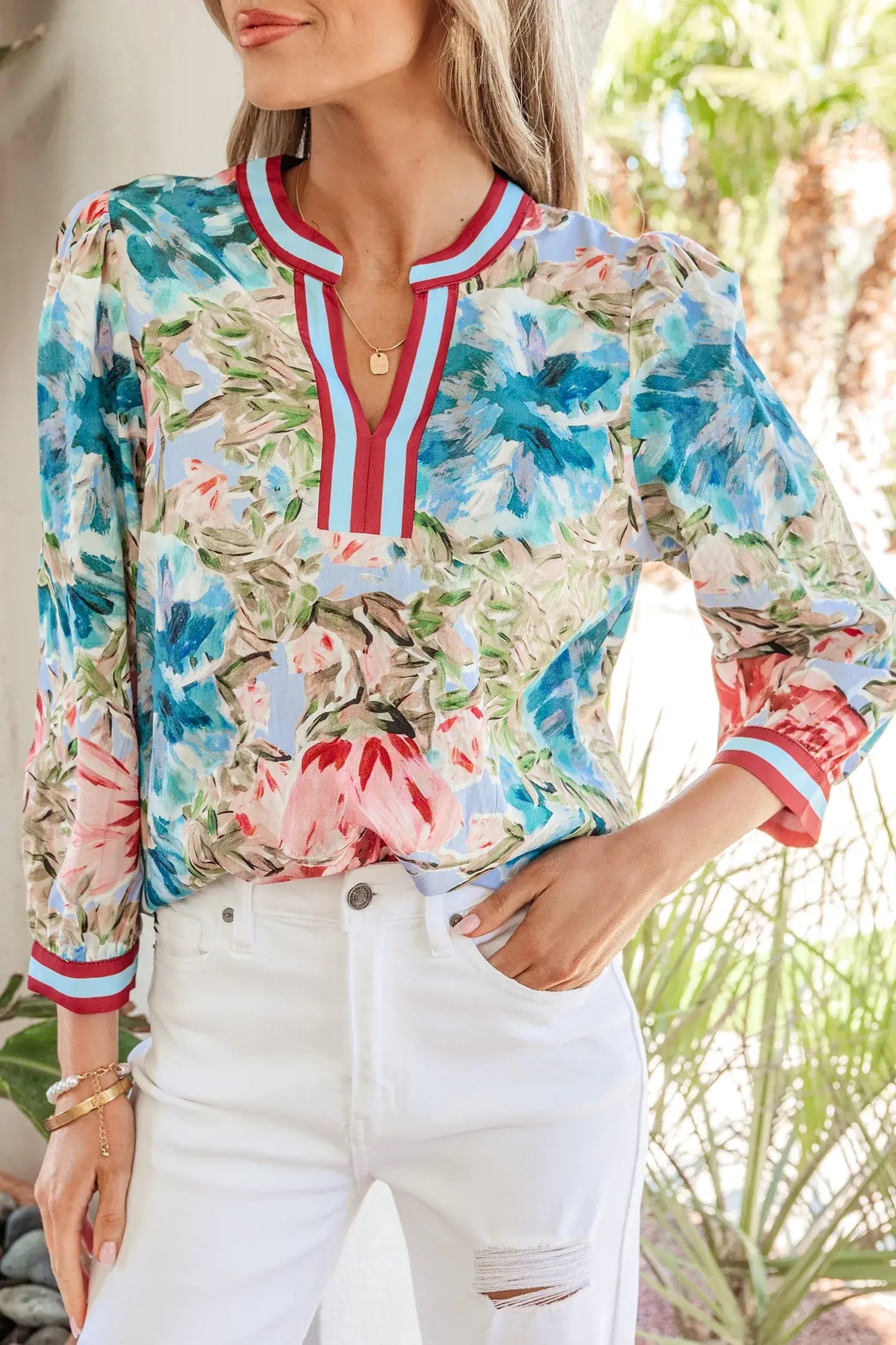 Sky Blue Contrast Trim V Neck Cuffed Bracelet Sleeve Floral Blouse - Sweet Fashion Wholesale