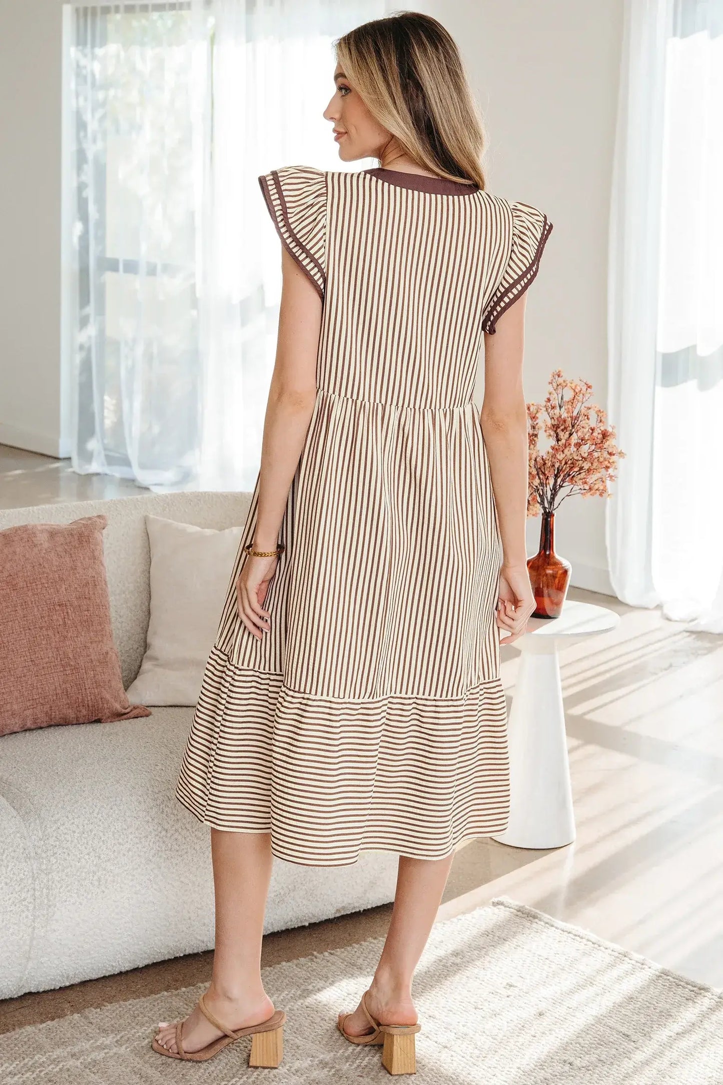 Green Stripe Double Ruffled Short Sleeve Contrast Trim V Neck Midi Dress - Sweet Fashion Wholesale