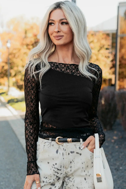Black Asymmetric Panels Sheer Floral Lace Patchwork Long Sleeve Top - Sweet Fashion Wholesale