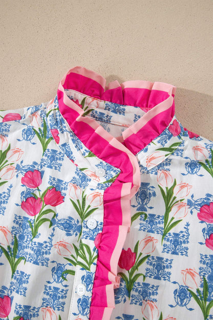 Rose Floral Print Color Block Striped Trim Flutter Sleeve Half Button Blouse