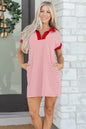 Green Stripe Quarter Zip Polo Collar T Shirt Dress with Pockets - Sweet Fashion Wholesale