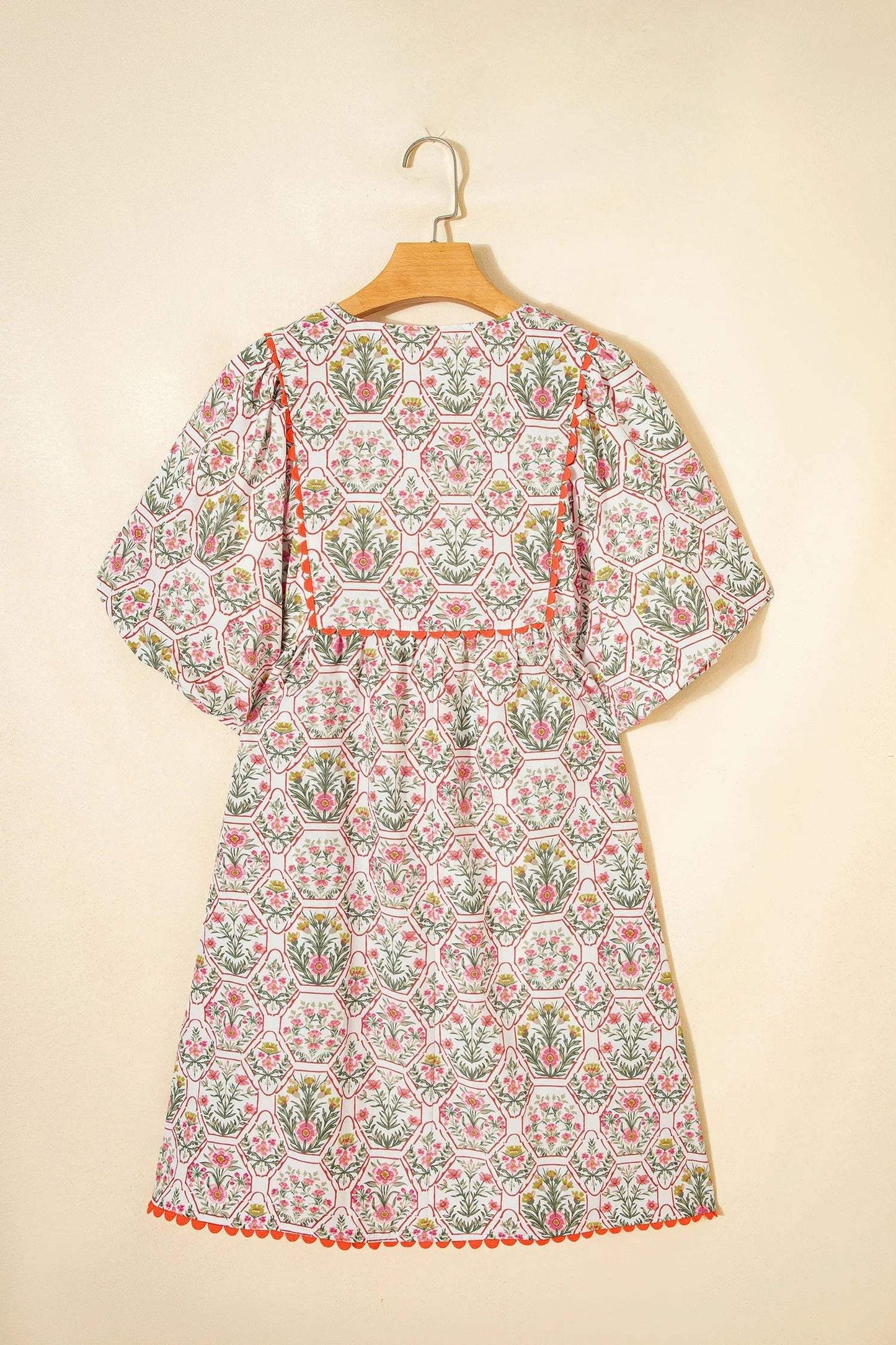 Pink Floral Print Tassel Tie V Neck Scalloped Detail Loose Mini Dress - Sweet Fashion Wholesale