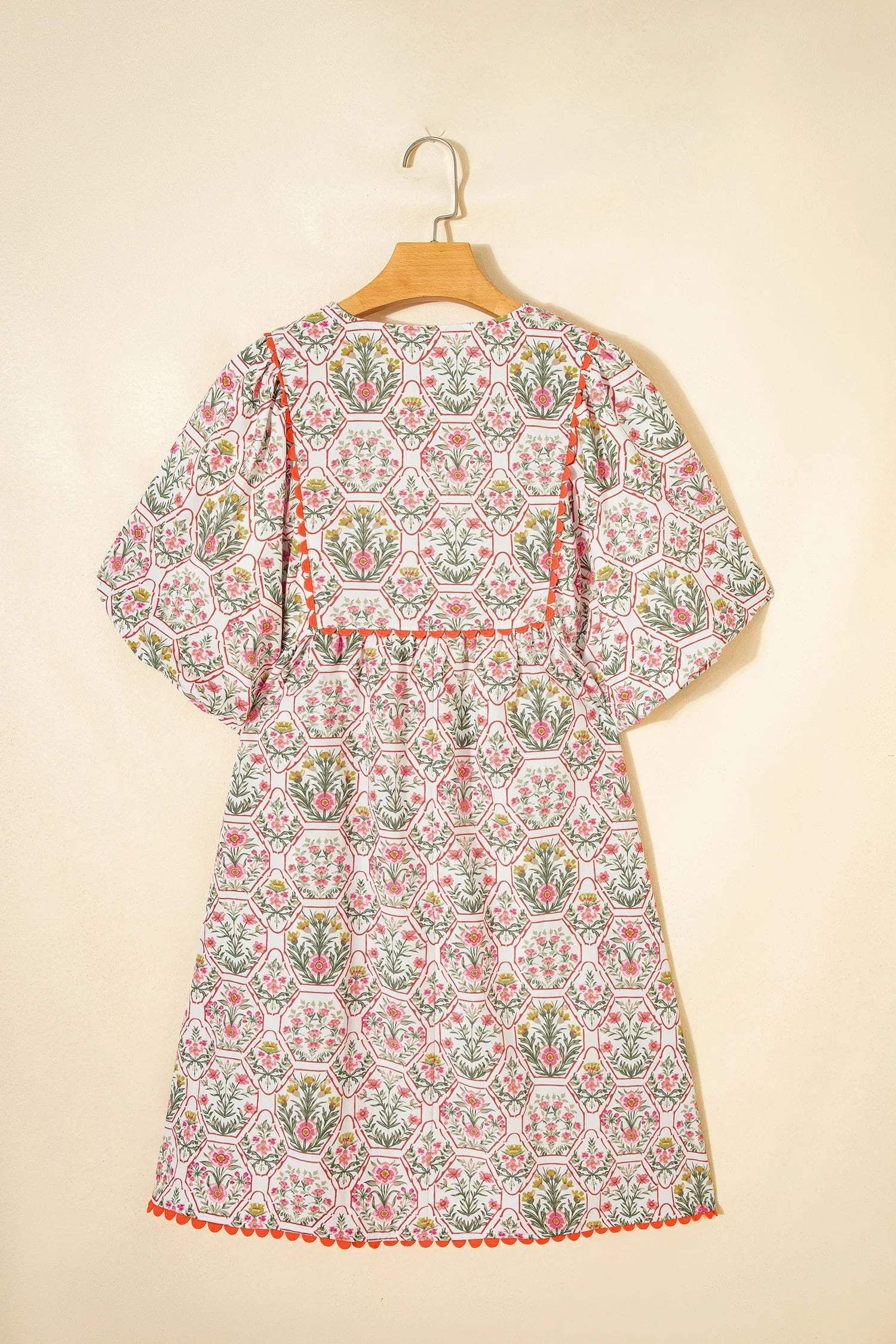 Pink Floral Print Tassel Tie V Neck Scalloped Detail Loose Mini Dress - Sweet Fashion Wholesale