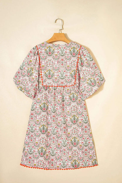 Pink Floral Print Tassel Tie V Neck Scalloped Detail Loose Mini Dress - Sweet Fashion Wholesale