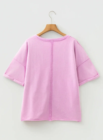 Lavendula Mineral Wash Drop Shoulder Raw Edge Loose Tee - Sweet Fashion Wholesale