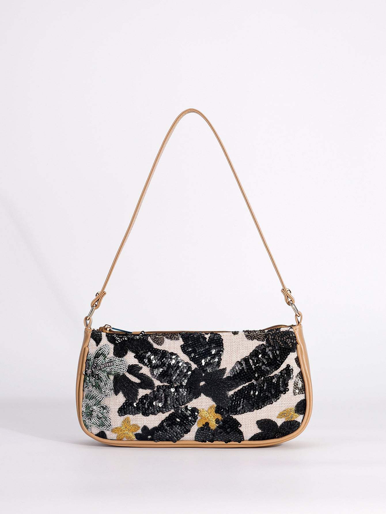 Sequin embroidered flower shoulder bag