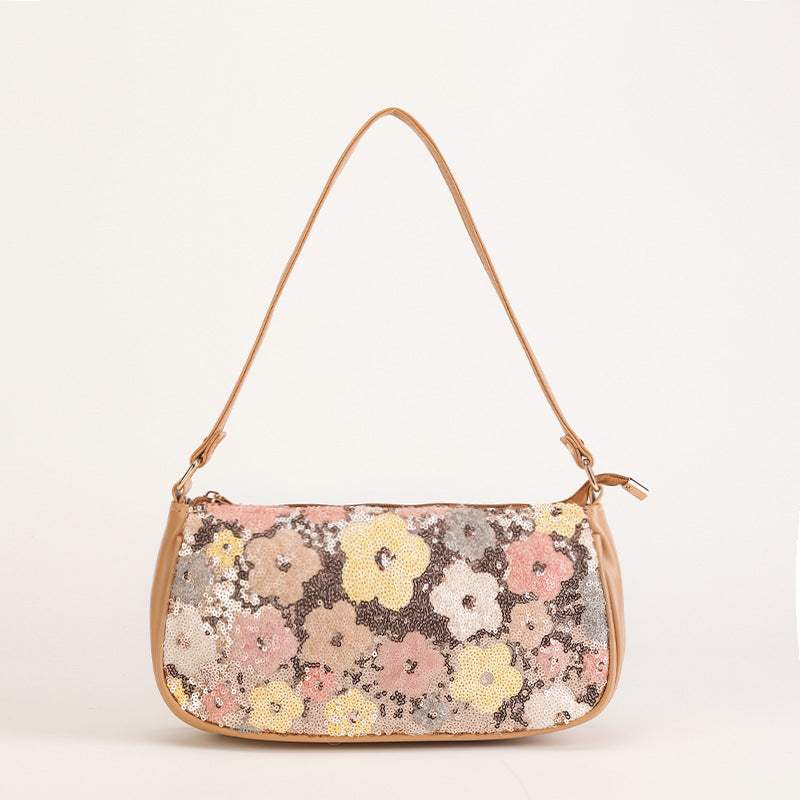 Sequin embroidered flower shoulder bag