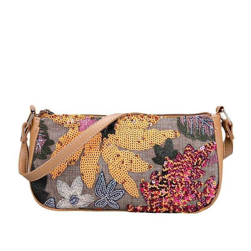 Sequin embroidered flower shoulder bag