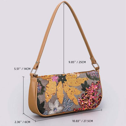 Sequin embroidered flower shoulder bag