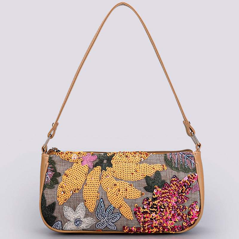 Sequin embroidered flower shoulder bag