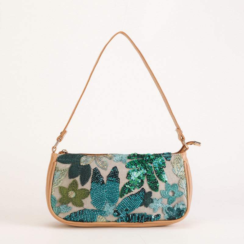 Sequin embroidered flower shoulder bag