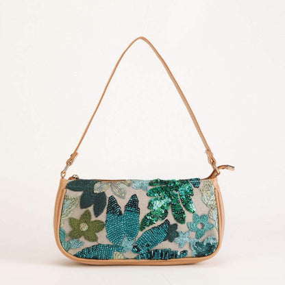 Sequin embroidered flower shoulder bag