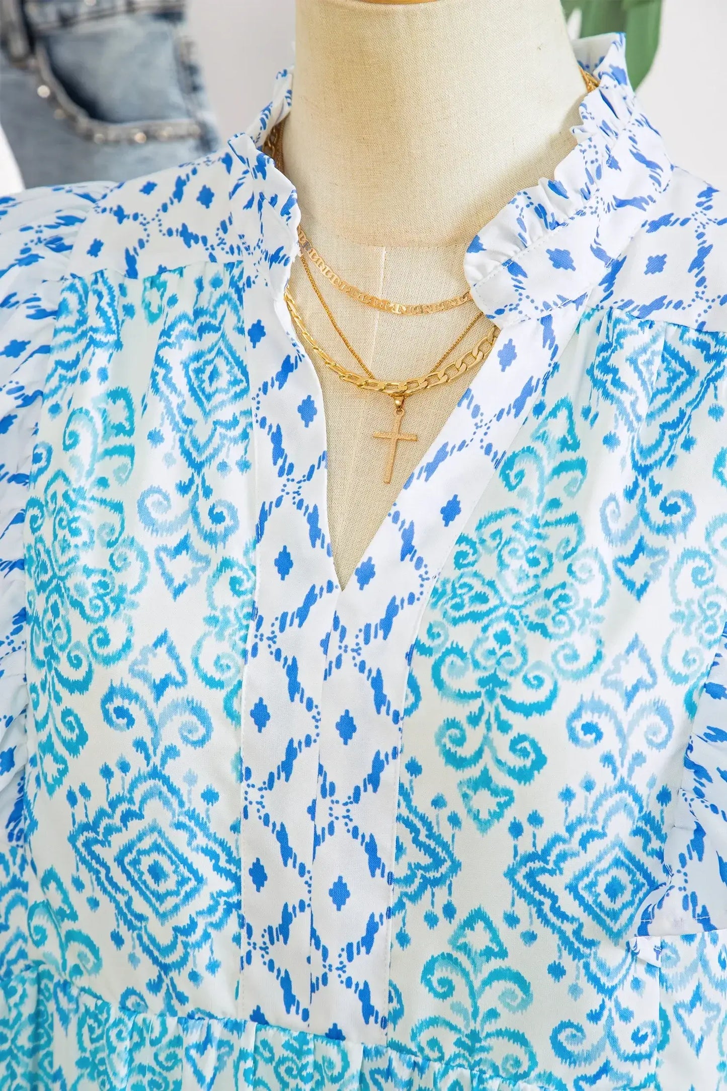 Sky Blue Boho Floral Geometric Patchwork Ruffle Detail Puff Sleeve Mini Dress - Sweet Fashion Wholesale