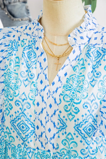 Sky Blue Boho Floral Geometric Patchwork Ruffle Detail Puff Sleeve Mini Dress - Sweet Fashion Wholesale
