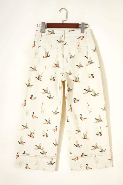 Beige Stylish Mallard Printed Cuffed Hem Shift Jeans