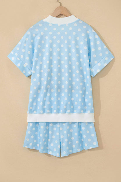 Green Polka Dot Print Color Block Trim Mock Neck Short Set