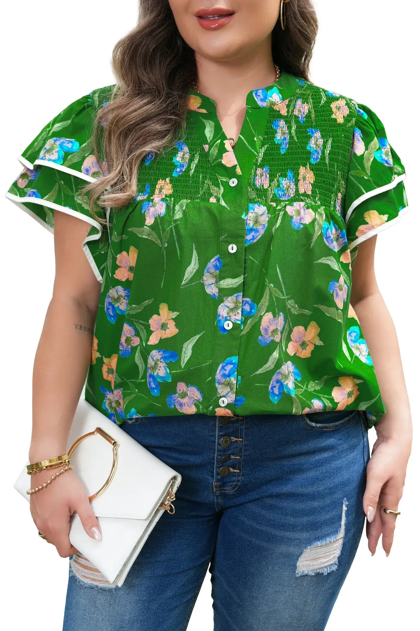 Green Plus Size Ruffled Short Sleeve Floral Top - Sweet Fashion Wholesale