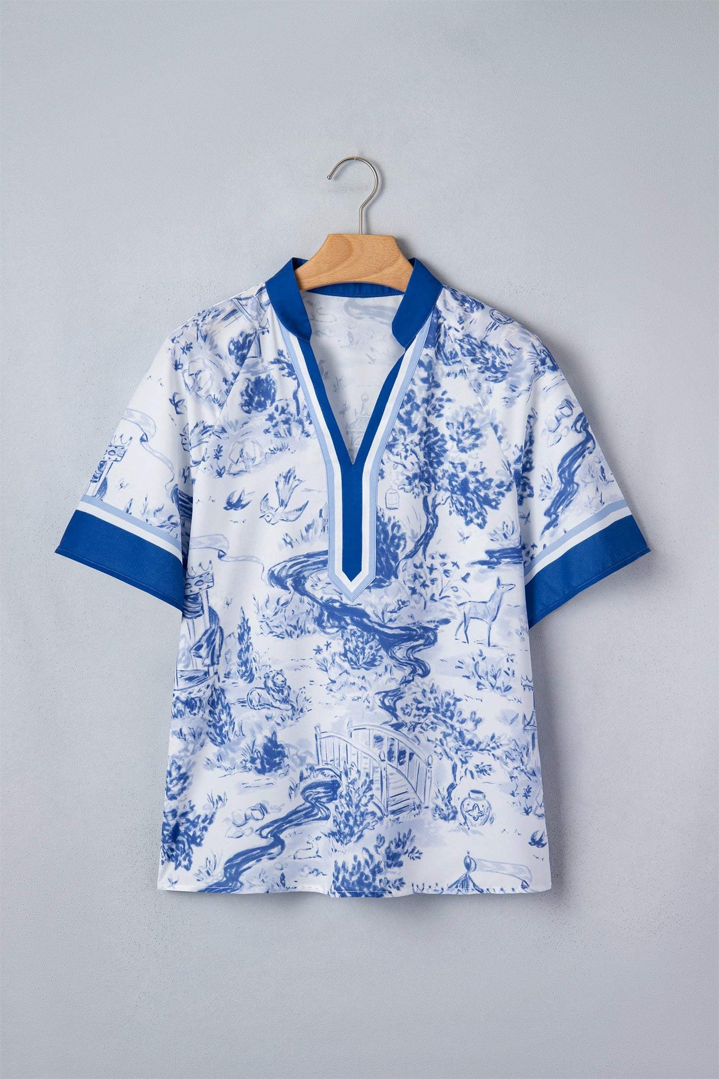 Blue Wild Animal Paradise Contrast V Neck Raglan Sleeve Blouse
