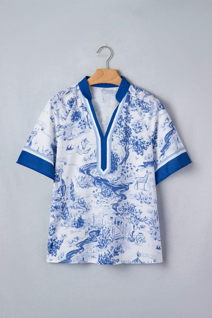 Blue Wild Animal Paradise Contrast V Neck Raglan Sleeve Blouse