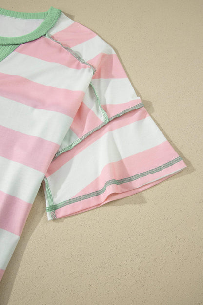 Green Stripe Exposed Seam Ribbed Patchwork Oversized Tee