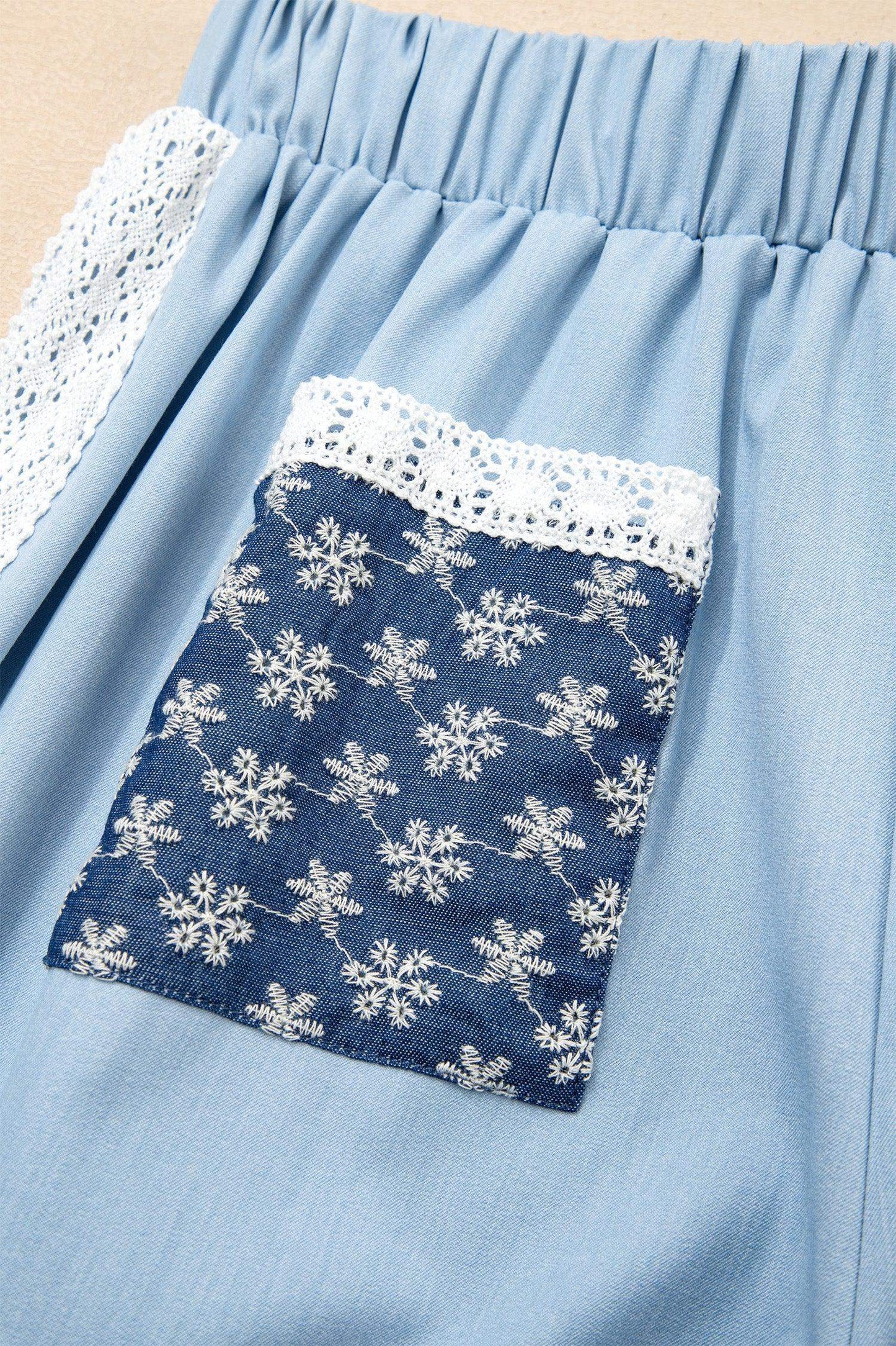 Beau Blue Lace Accent Floral Patched Pocket Pleated Wide Leg Slouchy Pants - Sweet Fashion Wholesale