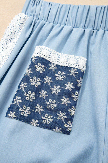 Beau Blue Lace Accent Floral Patched Pocket Pleated Wide Leg Slouchy Pants - Sweet Fashion Wholesale