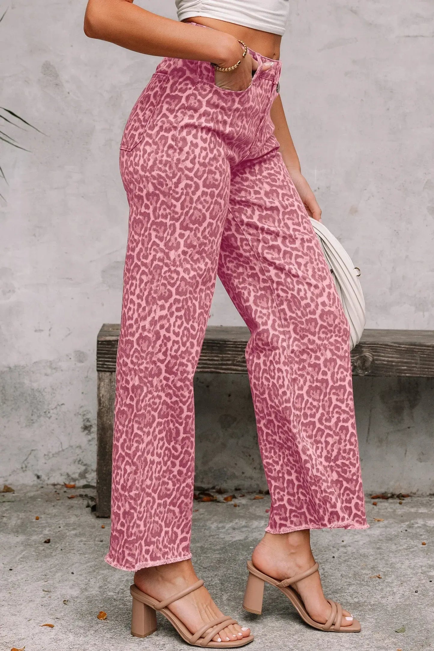 Gray Leopard Frayed Edge Wide Leg High Waist Jeans - Sweet Fashion Wholesale