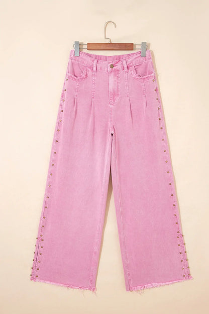Pink Beaded Side Detail Split Loose Jeans