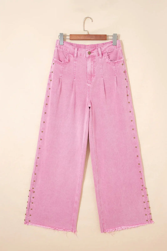 Pink Beaded Side Detail Split Loose Jeans