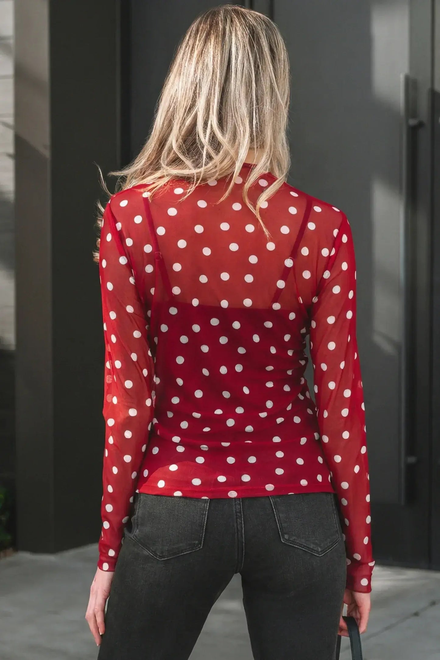 Green Polka Dot Patterned Bodycon Mock Neck Mesh Long Sleeve Top - Sweet Fashion Wholesale