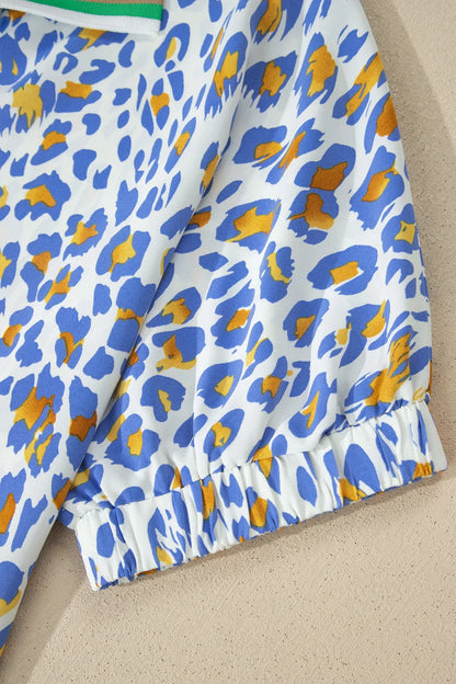 Sky Blue Leopard Color Block Contrast Striped V Neck Half Sleeve Loose Fit Blouse - Sweet Fashion Wholesale