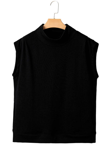 Sky Blue Solid Color High Neck Cap Sleeve Loose Top