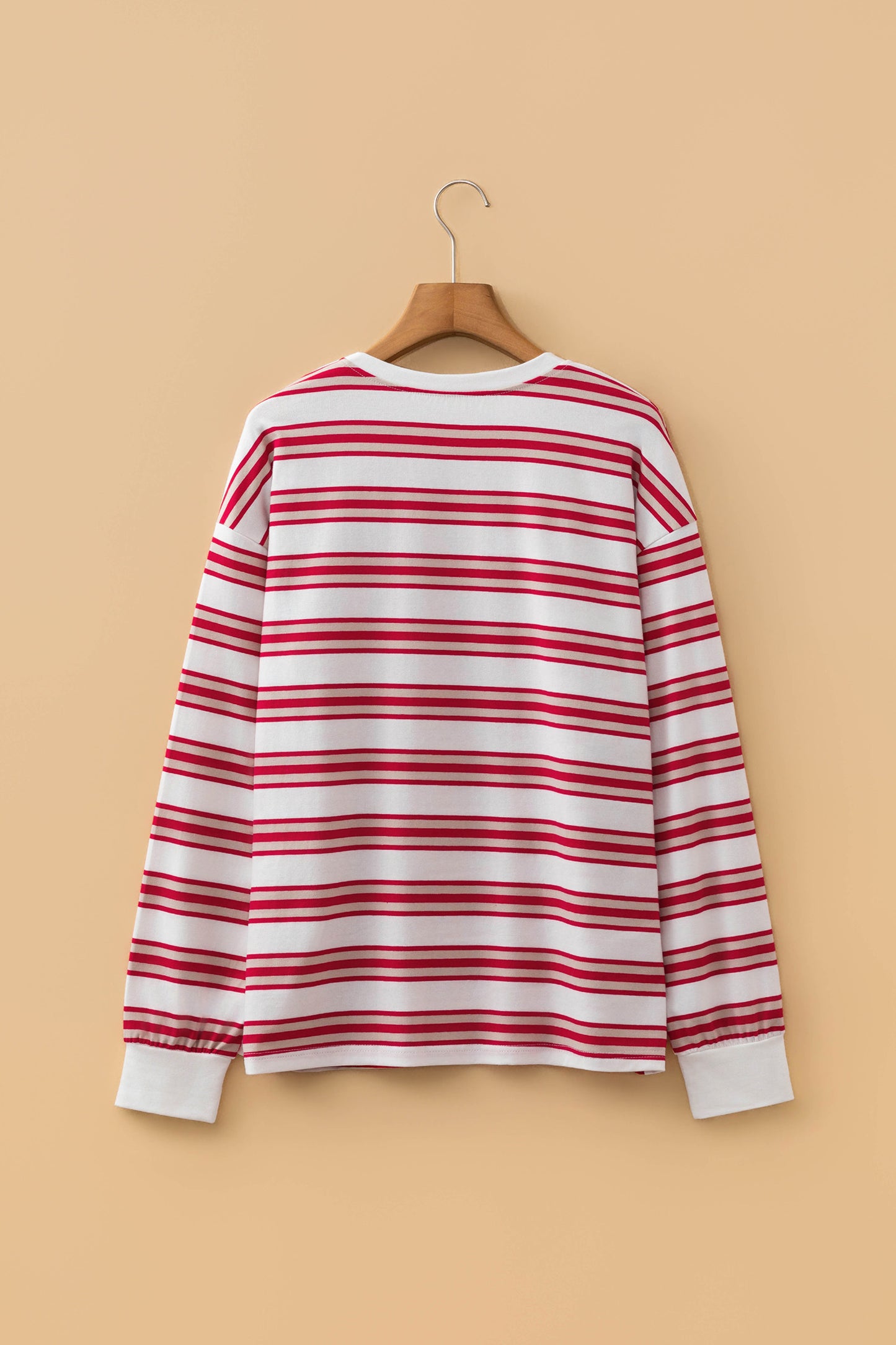 Red Stripe Dropped Shoulder Long Sleeve Casual Pullover Top