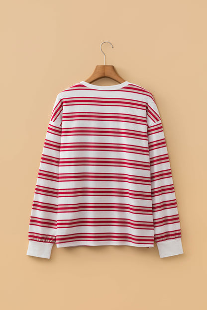 Red Stripe Dropped Shoulder Long Sleeve Casual Pullover Top