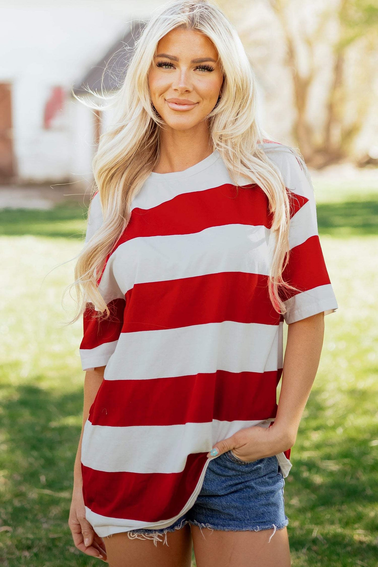 Bright Pink Striped Color Block Oversize Tunic Tee